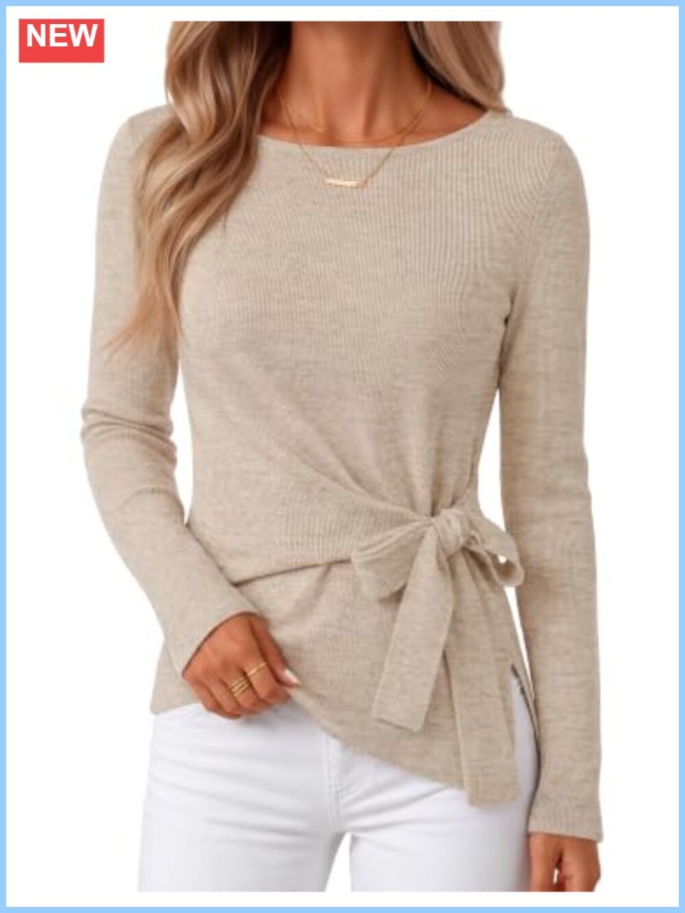 Womens Lightweight Rib Knit Tie Front Ruched Waist Pullover Sweater